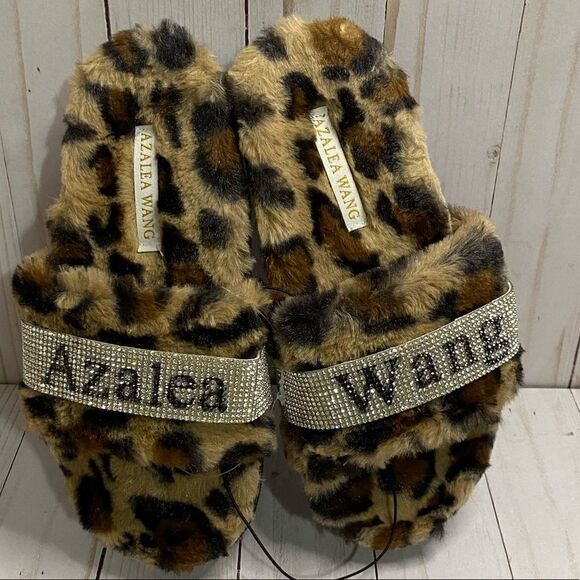 New Azalea Wang Logo Leopard Rhinestone Print Slide Sandals Size 6 - Picture 2 of 4